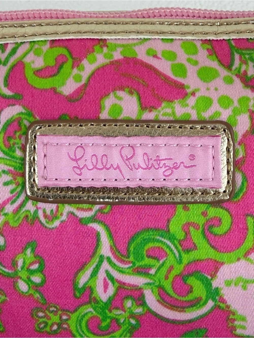 Lilly Pulitzer Pink Green Print Cosmetic Makeup Bag Zip Pouch Gold Tone Metallic